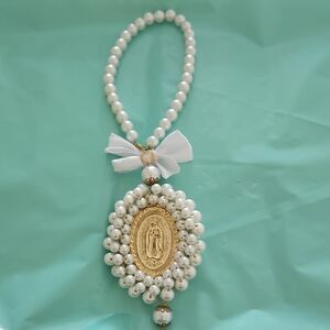Pearl Rosary Necklace with Gold Madonna Pendant - White